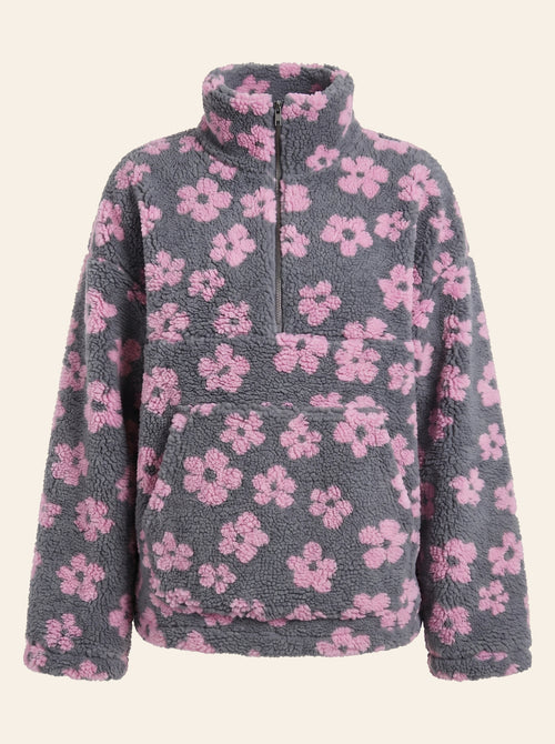 Flora Sherpa Quarter-Zip in grey with pink flowers