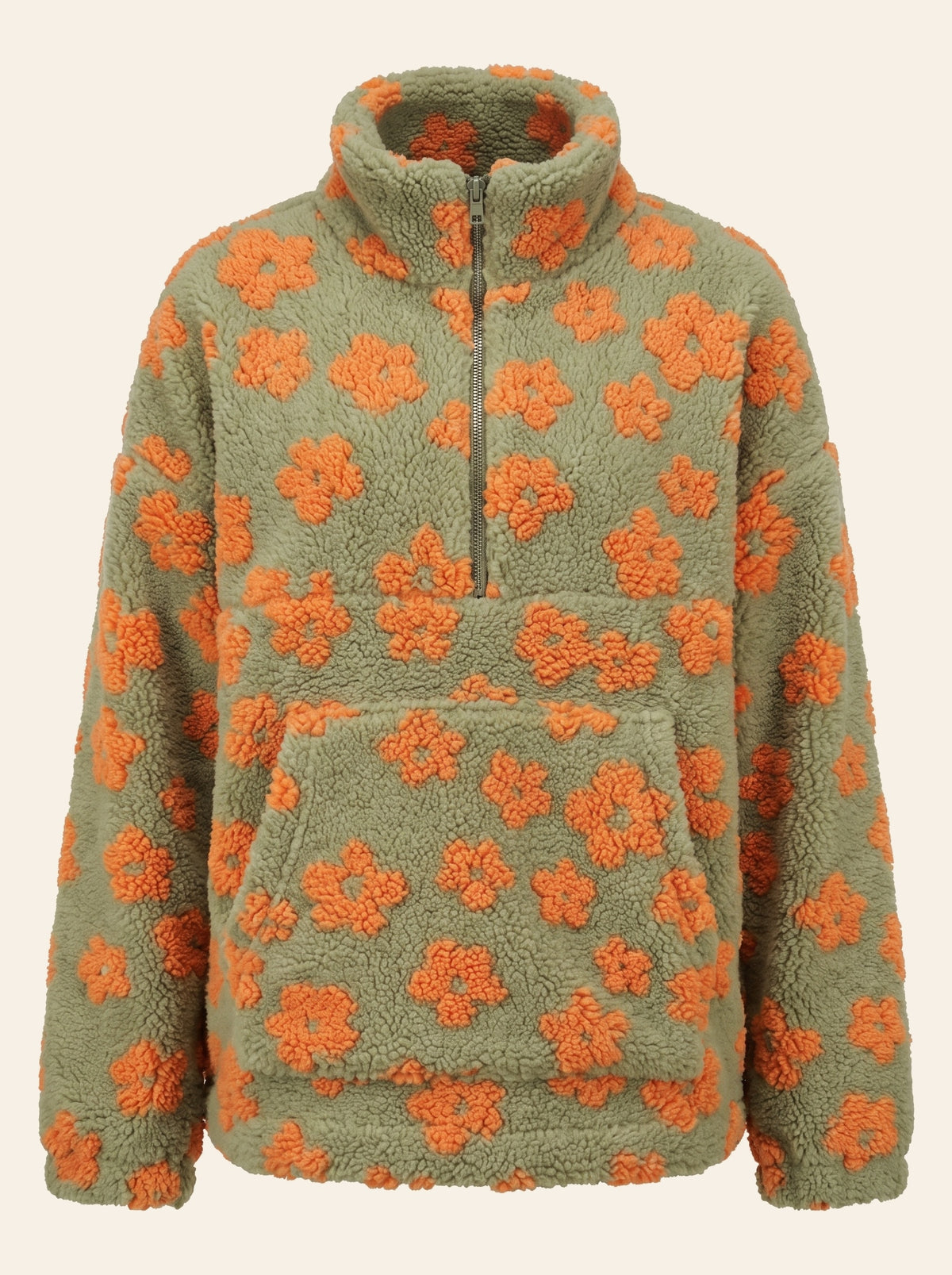 Flora Sherpa Quarter-Zip in sage green with orange flowers
