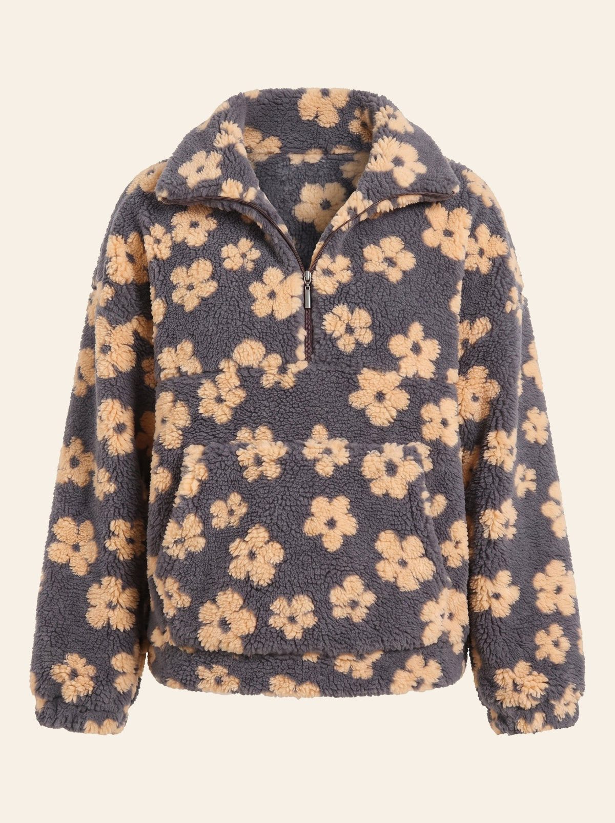 Flora Sherpa Quarter-Zip in charcoal with peach flowers