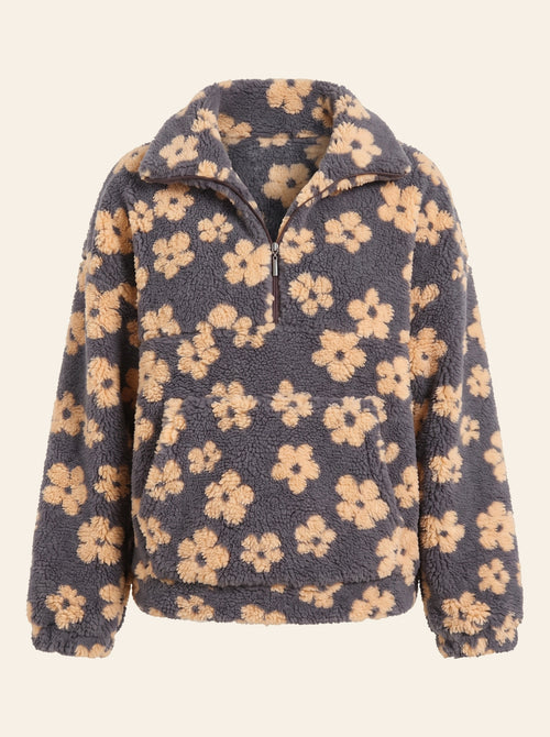 Flora Sherpa Quarter-Zip in charcoal with peach flowers